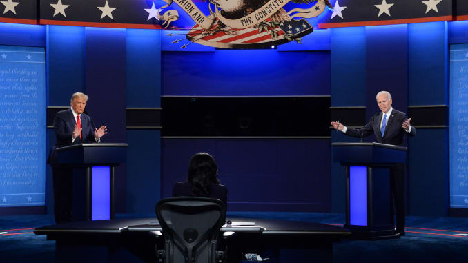The presidential debate in Nashville, Tennessee, on October 22, 2020: Joe Biden, 2020 Democratic presidential nominee, right, and President Donald Trump, left