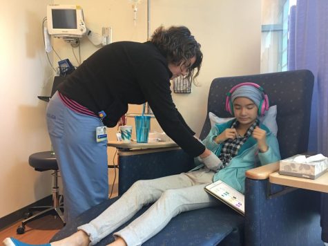 Zai getting ready to receive chemotherapy with her sky-blue silk hat and neon blue Crocs. 