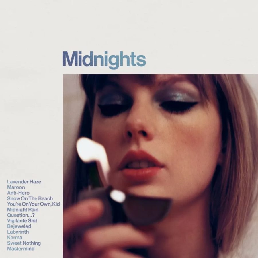 Taylor Swift’s Midnights minimalist album cover, depicting the artist in glamorous makeup in the anxiety of the night.