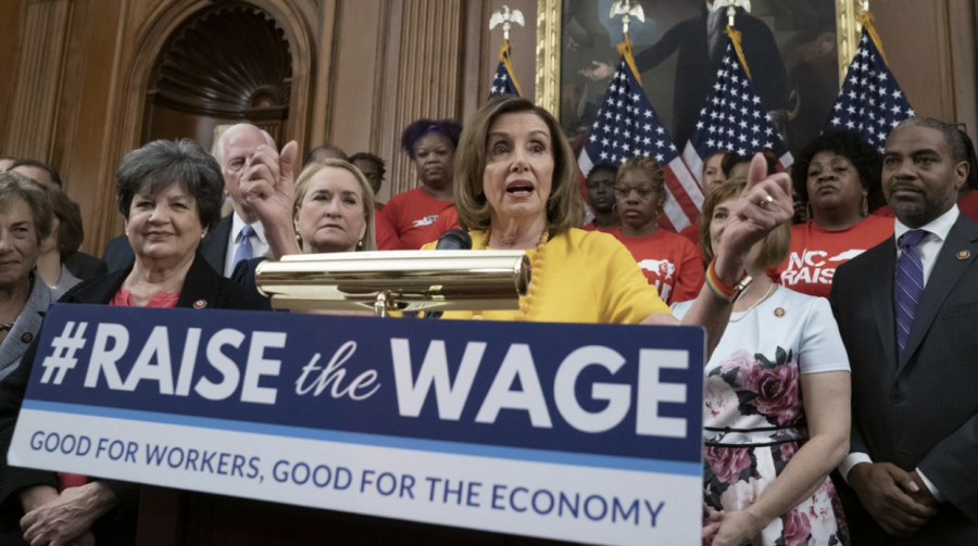 Former Speaker of the House Nancy Pelosi campaigning for a minimum wage increase