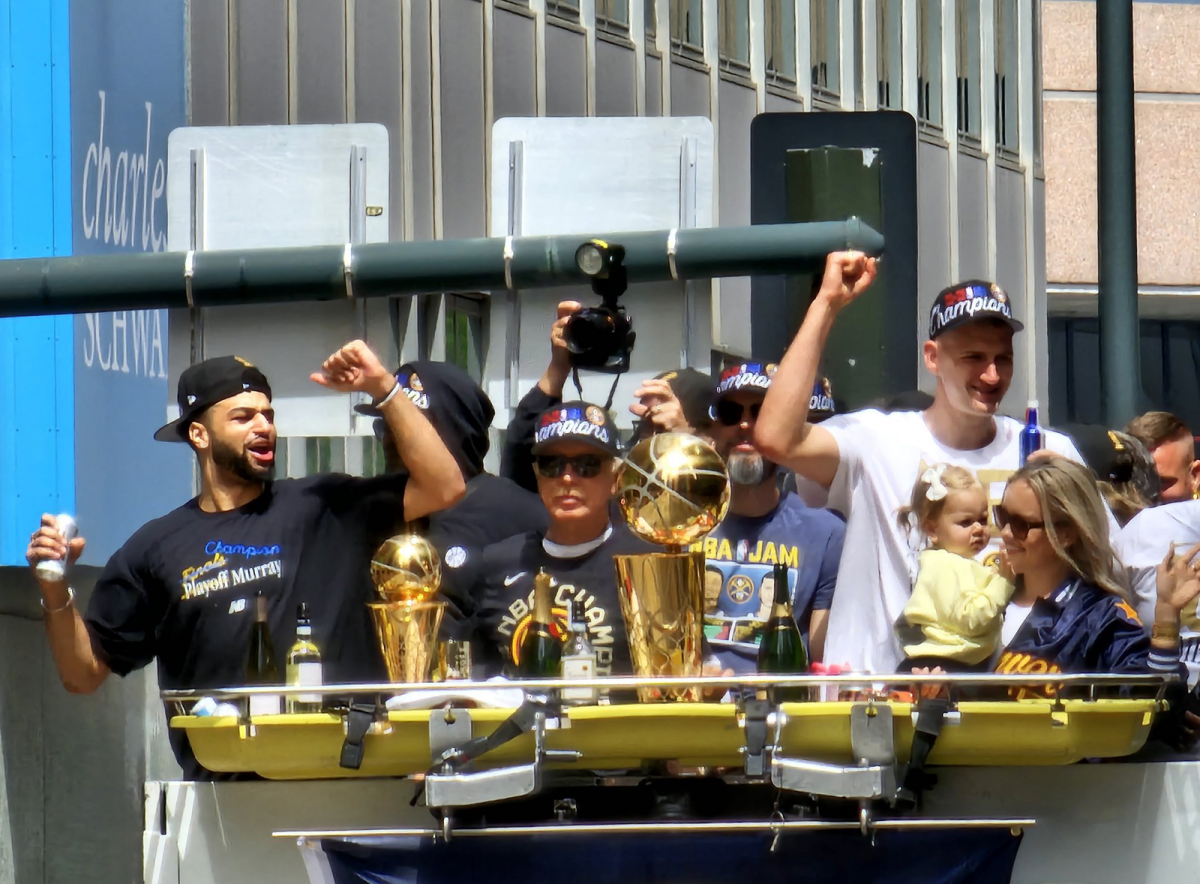The Denver Nuggets celebrate their first ever Larry O’Brien Trophy after winning the 2023 NBA Finals.