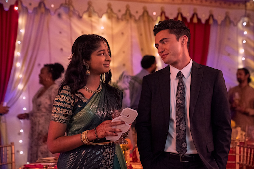 Devi (Maitreyi Ramakrishnan) standing with ex-boyfriend Paxton Hall-Yoshida (Darren Barnet) in final season of Never Have I Ever (photo credit: Netflix)
