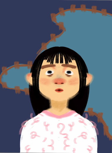 Digital self-portrait with exaggerated bangs by Kara Lee. 

