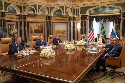 American, Saudi Arabian, and Russian representatives meeting in Saudi Arabia to discuss the Russian invasion of Ukraine (photo from Wikimedia Commons, U.S. Department of State, 2025)