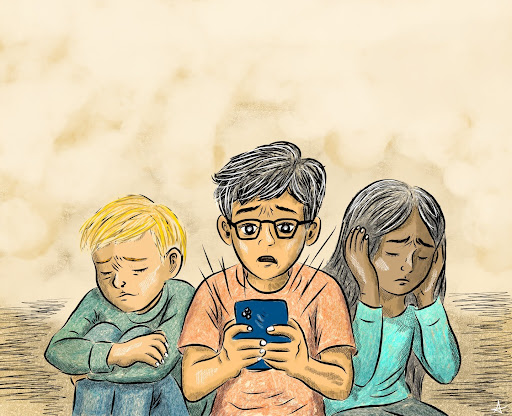 The normalization of violence on the internet has increased anxiety levels amongst teens. (Art by Aditya Banerjee)