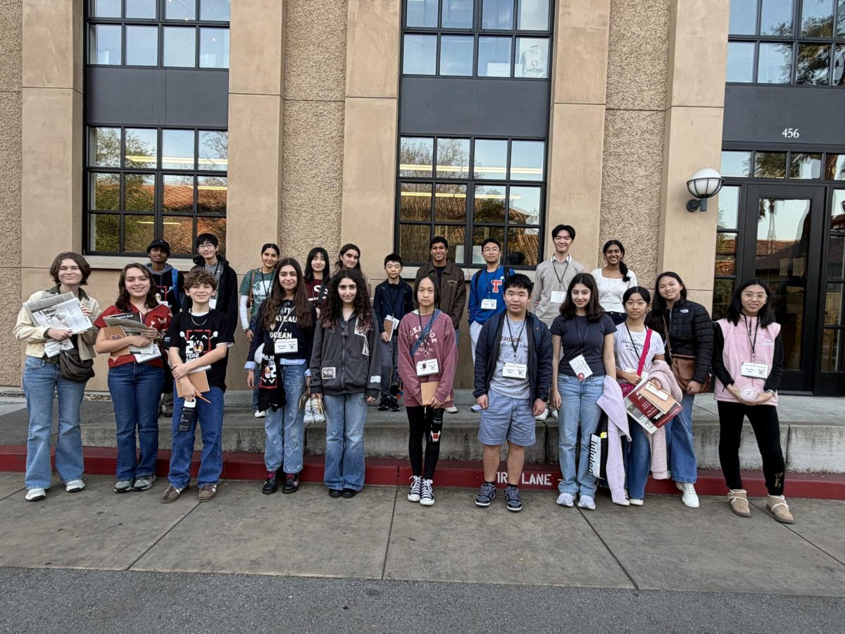 OHS students met with managing editor Sterling Davies (C ) outside the Lorry I. Lokey Stanford Daily Building, home to The Daily since 2007.
