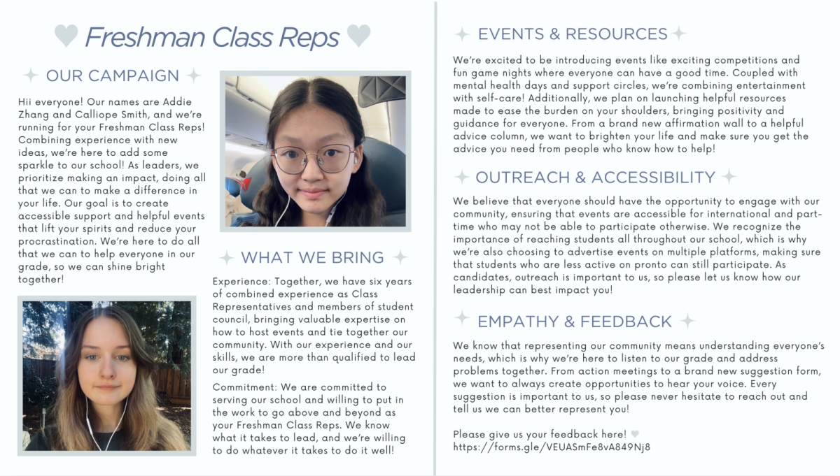 For candidates, campaign materials like this poster created by freshman class candidates Addie Zhang and Calliope Smith, are a crucial part of their campaign. (Zhang and Smith)