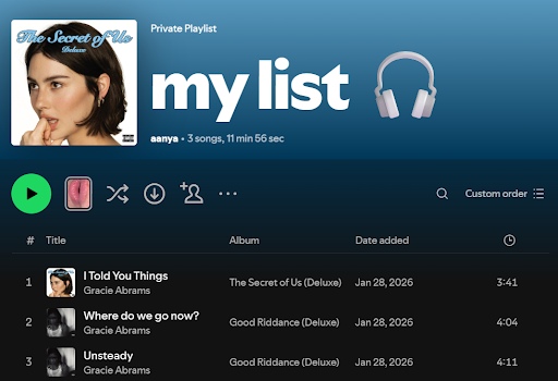 The three Gracie Abrams songs from my playlist that are always on repeat.