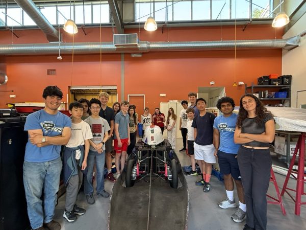 OHS Students visited the Stanford Solar Car Project lab during 2026 PGGW with Team president Akhil Marri (2nd R) , Solar Array Lead Sofie Roux (R)and safety officer Joseph Garcia (L)